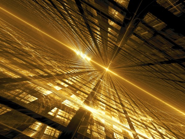 Golden fractal background with diagonal inlined surface, grid and glowing lines and curves like flashes. Technology or sci-fi concept. Abstract computer-generated 3d illustration