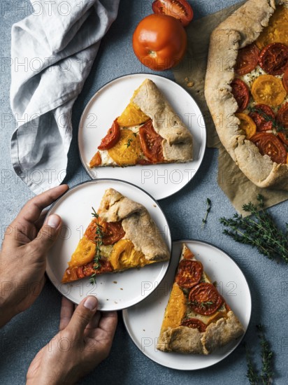 Savory fresh homemade tomato tart or galette.Hands takes piece of pie.Ideas and recipes healthy lunch, appetiezer-whole wheat or rye-wheat pie with tomatoes, cheese.Harvest tomatoes.Top view.Vertical