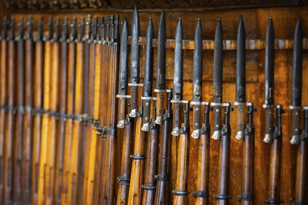 Old wood riffles with bayonets on them