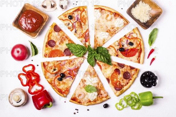 Selection of Assorted pieces pizza on white background and ingredients. Pepperoni, Vegetarian and Seafood Pizza