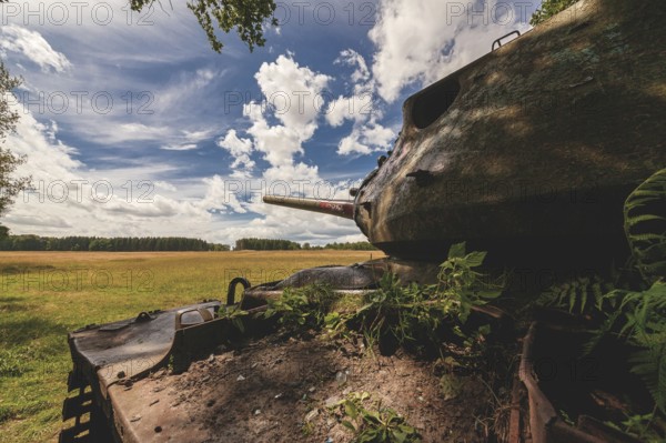 An abandoned tank stands in a meadow under a cloudy sky, surrounded by open and green nature in daylight, M47 Patton, Lost Place, Brand, Aachen, North Rhine-Westphalia, Germany