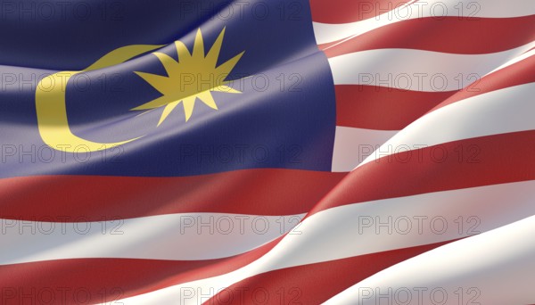 Waved highly detailed close-up flag of Malaysia. 3D illustration