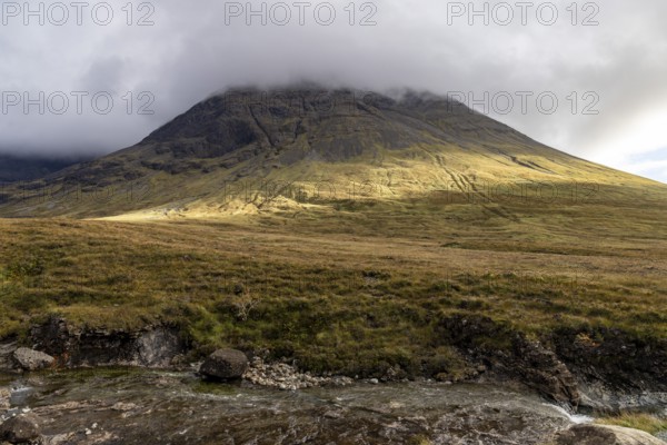 Clouds on the mountainsides, Fairy Pools, Black Cuillin Mountains, Isle of Skye, Hebrides, Scotland, Great Britain