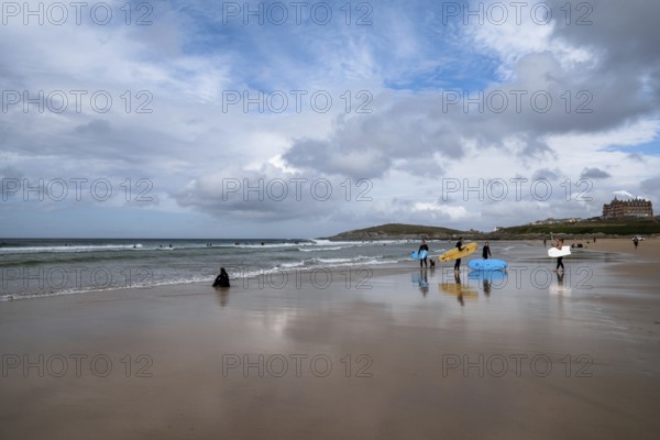 Newquay, United Kingdom, 4 Spetember, 2022:view of Fistral Beach in Newquay with surfers enjoying a summer day
