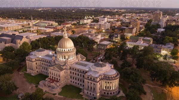 Aerial Perspective as night falls over the buildings and streets of Jackson Mississippi