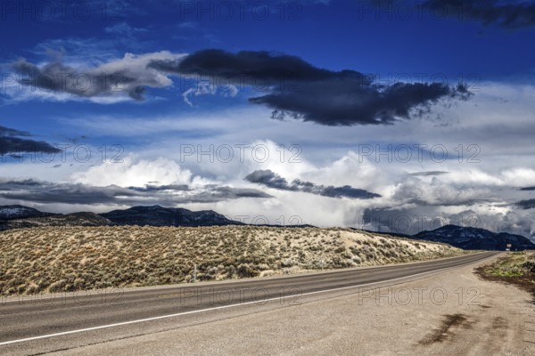 Wild thunderstorm and rain clouds over the Great Basin Highway US 93, between Ely and Baker, Nevada, USA