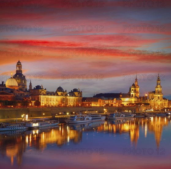 Dresden sunset skyline reflecion in Elbe river in Saxony of Germany