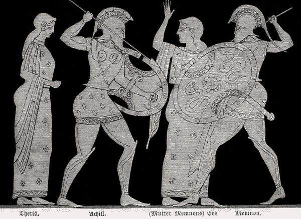 Achilles and Memnon fighting, Trojan War, Attic red-figure krater, Greek mythology