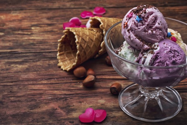 Fruit ice cream in bowl.the image is tinted in vintage style.Shallow DOF