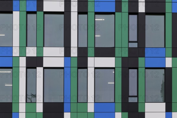 Colourful facade on modern architecture, Montreal, Province of Quebec, Canada