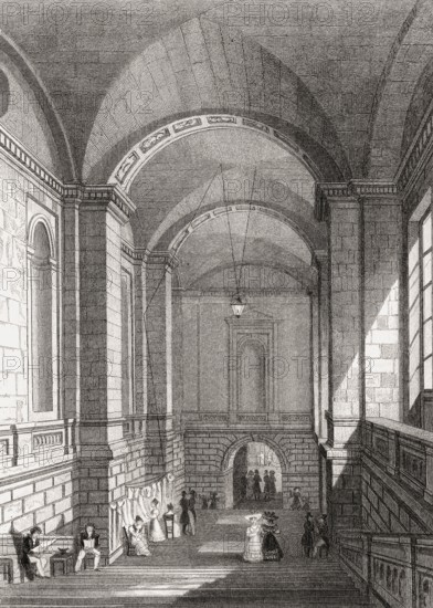 Staircase ot the Palais de Justice, Paris, antique steel engraved print, 1831