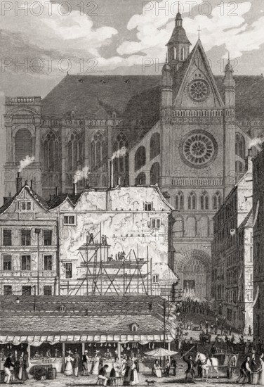 The Church of St Eustache, Paris, antique steel engraved print, 1831