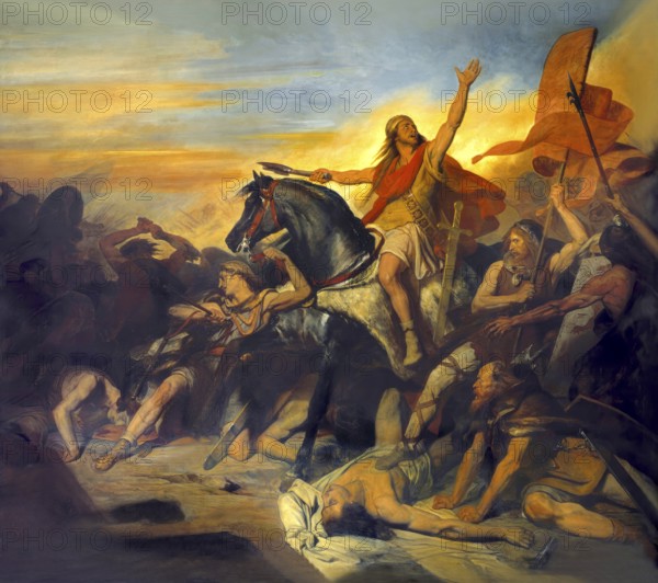 Clovis, Chlodovechus, Chlodwig I., Chlodowech, 466-511, King of the Franks of the Merovingian dynasty, at the Battle of Tolbiac, 5th century, digitally edited after Scheffer