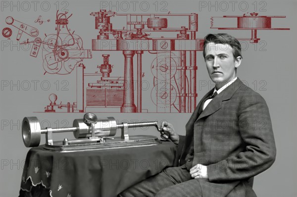 Thomas Alva Edison, 1847, 1931, American inventor, Telegraph Apparatus, Patented 1872, digitally edited according to a photography by Mathew Brady, 1878