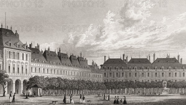 The Place des Vosges, Paris, antique steel engraved print, 1831