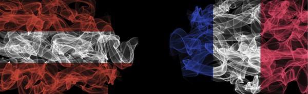 Flags of Austria and France on Black background, Austria vs France Smoke Flags