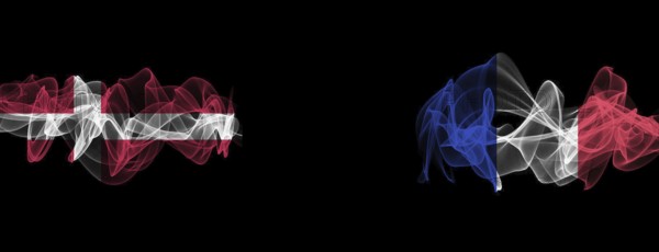 Flags of Denmark and France on Black background, Denmark vs France Smoke Flags