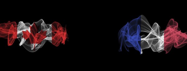Flags of Canada and France on Black background, Canada vs France Smoke Flags
