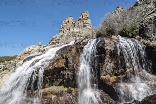 Scenic View Of Waterfall. Chorrera of the Litueros in Somosierra, Madrid
