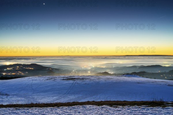 View from the Wasserkuppe at night, fog, Rhön, Hesse, Germany