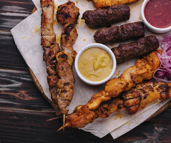 Assorted grilled meats on top view