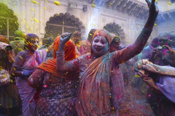 Widows celebrating Holi festival Gopinath temple, Uttar Pradesh, India, Asia