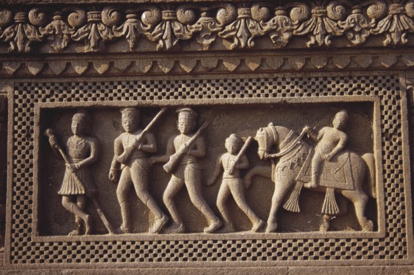 Carving - panel on Hindu temple - Maheshwar, Madhya Pradesh, India