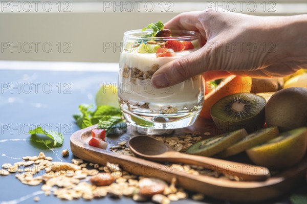 Closeup nutrition yogurt with many fruits on table and chef hand. Food cuisine and drinks concept. Organic dessert theme