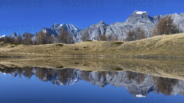 Majestic mountain landscape reflected in the calm lake under a clear sky, Pizzo Cornera 3083 m, Monte Cervandone 3210 m, Laghi del Sangiatto, Alpe Devero, Val d'Ossola, Province of Verbano-Cusio-Ossola, Piedmont, Italy