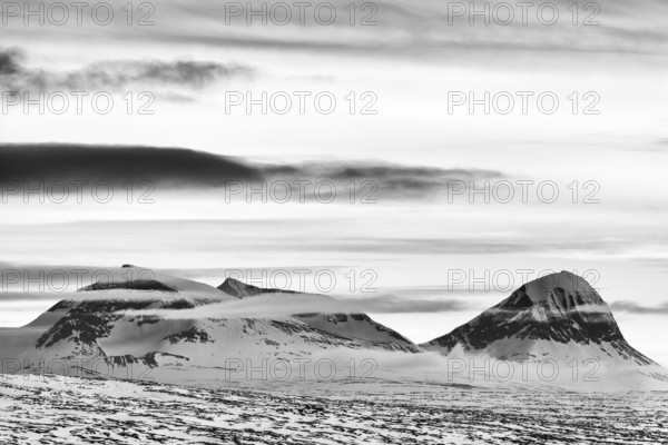 View of peaks in Sarek National Park, Laponia World Heritage Site, Norrbotten, Lapland, Sweden, May 2017