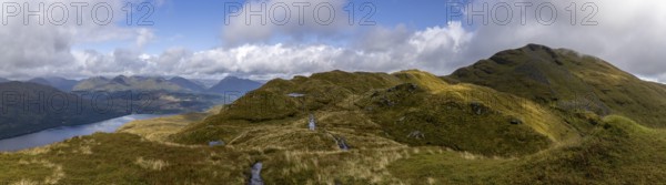 Panorama on the summit path to Ben Lomond with mountain lake, Loch Lomond and the Trossachs National Park, Scotland, Great Britain