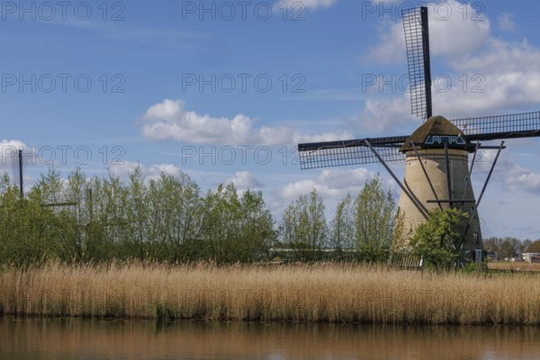 A traditional windmill in a wide landscape with meadow, water and cloudy sky on a summer's day, kinderdijk, the netherlands