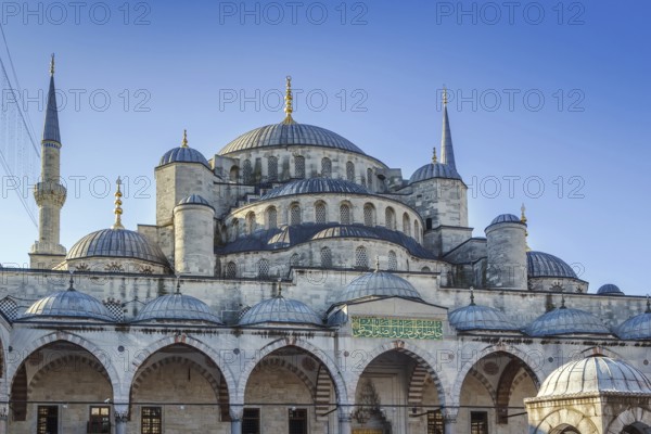 The Sultan Ahmed Mosque known as the Blue Mosque is an historic mosque in Istanbul, Turkey. View from inner courtyard