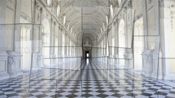 Creative picture of Reggia di Venaria Reale gallery, Italy. Luxury marbles in baroque Royal Palace