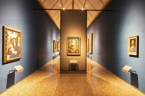 Milan, Italy, 23 September 2023: Brera antique painting museum interior. Vintage art exibition, elegant indoor, nobody