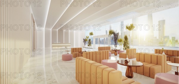 Interior of modern entrance hall in modern office building with reception counter and waiting area lobby. 3d rendering mock up