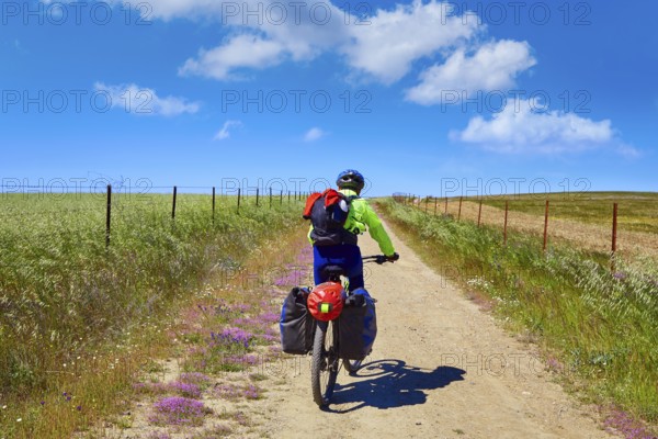 Biker at Via de la Plata way in Extremadura Spain to Santiago compostela