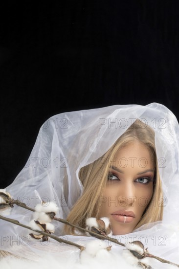 Blonde Make up Model Beauty Makeup, White Fabric Background