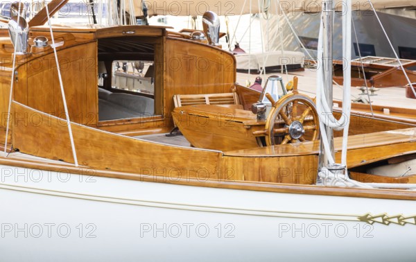 Luxury yacht. Comfortable expensive wooden design and furniture for holiday recreation tourism or travel and wealth concept