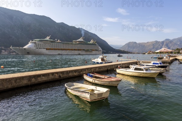 Kotor, Montenegro, September 20, 2023: Kotor Bay and Explorer of the Seas, Royal Caribbean cruise ship