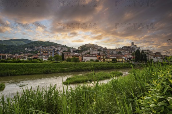 Beautiful old historic mountain village in the evening. Town panorama at sunset Polla, Italy