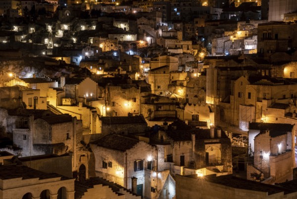 Scenic skyline of Sassi di Matera at night, Italy