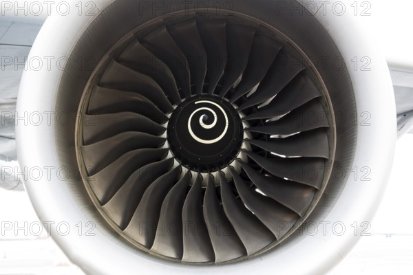 Airbus A380 airplane's engine closeup on a runway at an airport