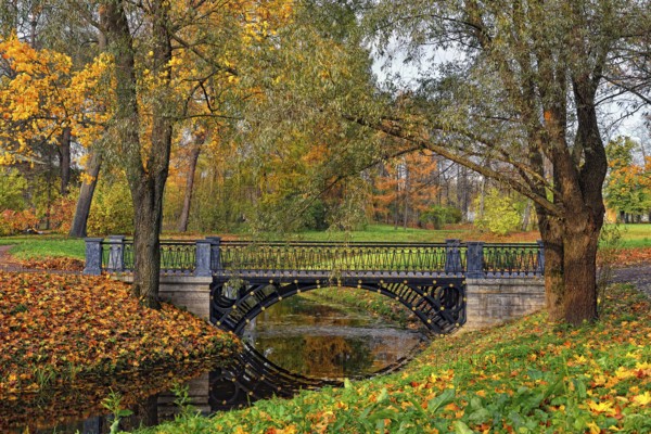 Autumn landscape in Catherine Park, Pushkin, Russia, view of the river and the bridge