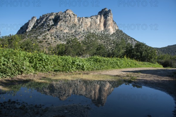 Famous Pentadaktylos rocky mountain peaks reflected on water in Kerynia town in Cyprus late in the evening. It is named as five finger mountain because of the five peaks