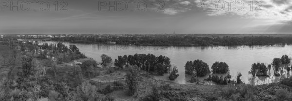 Cremona, Italy, October 20th 2024 Aerial view of a river overflowing its banks, flooding the surrounding trees and fields, with a city skyline in the background