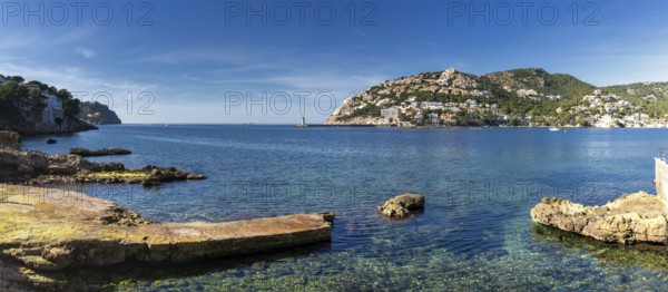 A panorama landscape view of the idyllic natural port and harbour town of Andratx in eastern Mallorca