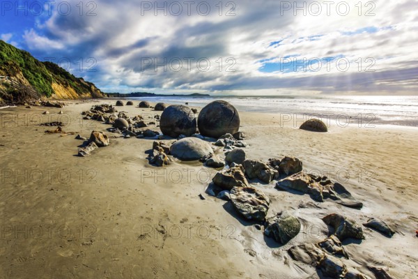 Sunny day on the beach. Low tide in the Pacific. Series of mysterious round boulders Moeraki and their shattered remnants on a sandy beach. New Zealand. The concept of exotic and ecological tourism