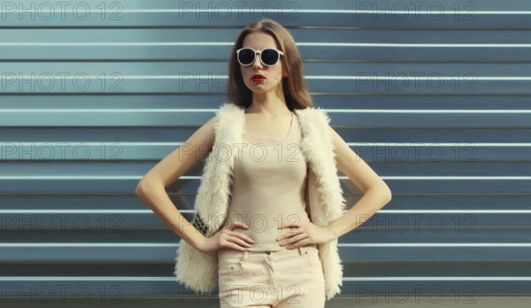 Portrait of modern stylish young woman in white fur vest, glasses, fashionable female model posing on gray silver wall background
