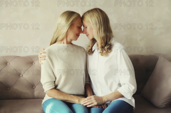 Portrait of happy smiling caucasian middle aged mother and adult daughter looking at each other together sitting on couch at home